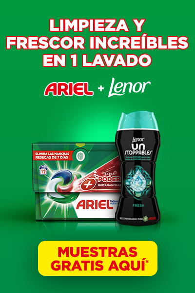 Texto: Limpieza y frescor increíbles en 1 lavado. Logos de Ariel + Lenor. Abajo a la derecha: Imagen de produto Ariel pods extra power y Lenor fresch unstoppables