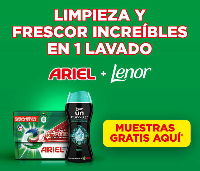 Texto: Limpieza y frescor increíbles en 1 lavado. Logos de Ariel + Lenor. Abajo a la derecha: Imagen de produto Ariel pods extra power y Lenor fresch unstoppables